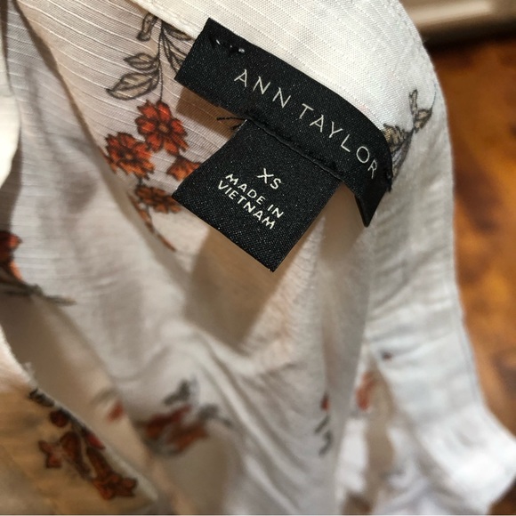 Ann Taylor Floral Linen Long Sleeve High-neck Ruffle Ivory Blouse Oversized XS - Picture 5 of 8